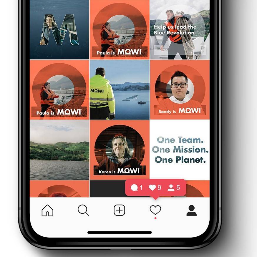 Mowi Instagram shown on a phone mockup, with the assets created by Denvir arranged in a grid